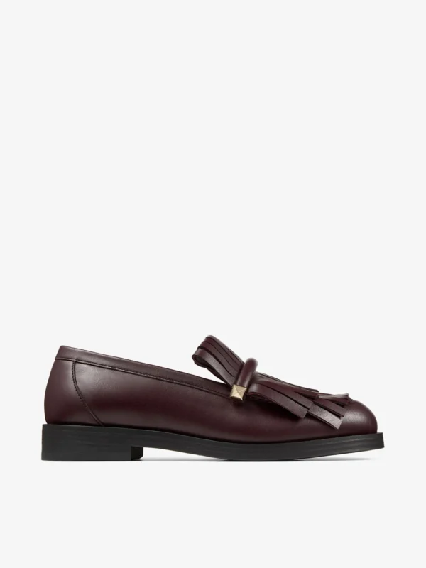 Jimmy Choo Eska Loafer Deep Merlot Leather Loafers with Fringed Detail