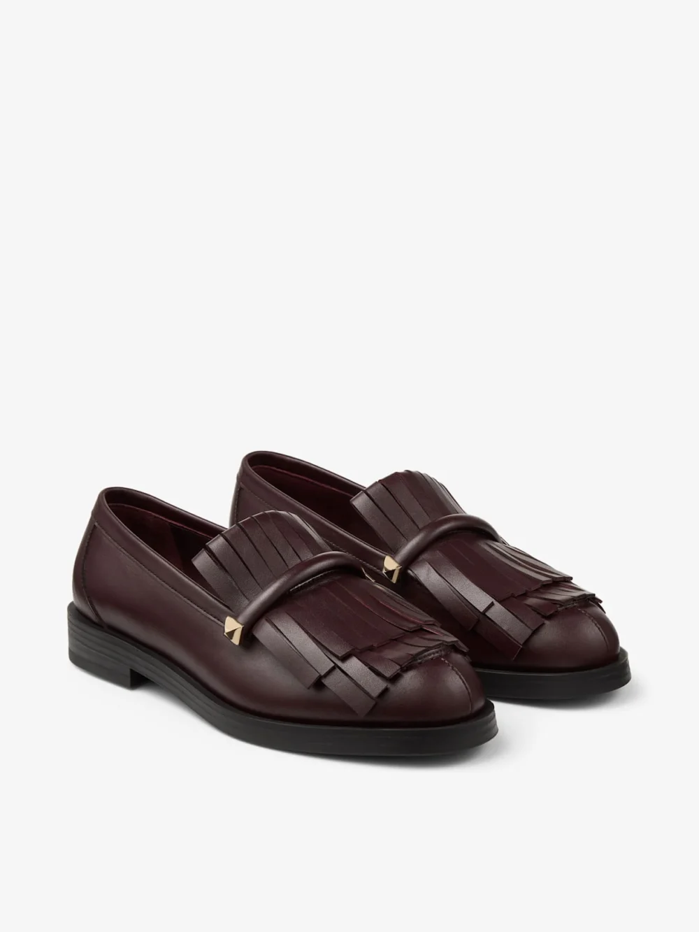 Side view of the Jimmy Choo Eska Loafer Deep Merlot Leather Loafers with Fringed Detail