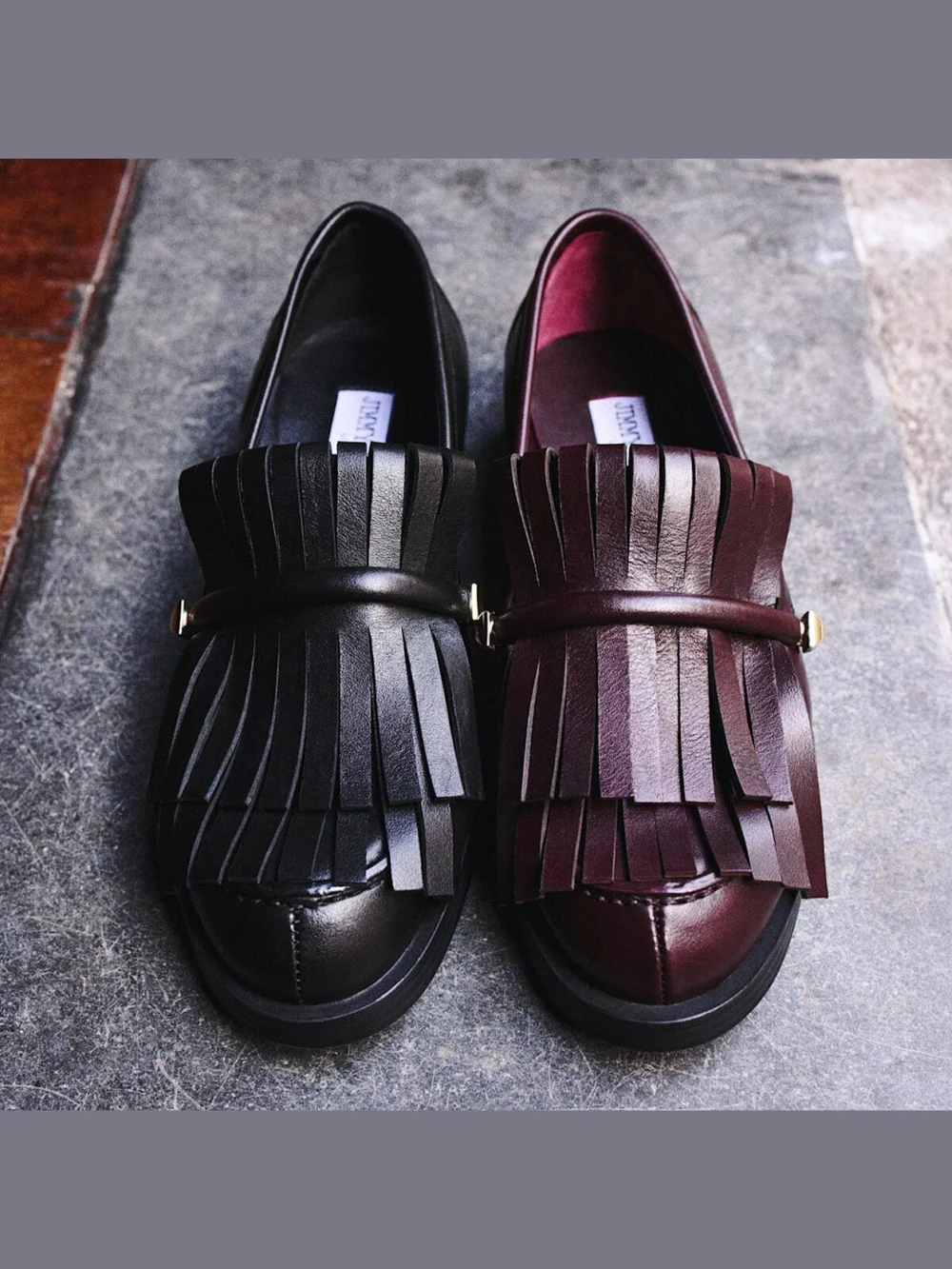 Jimmy Choo Eska Loafer Deep Merlot Leather Loafers with Fringed Detail, another view