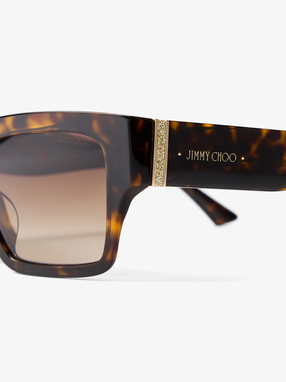 Close-up detail of the Jimmy Choo Eve Havana and Gradient Brown Acetate Rectangular Sunglasses