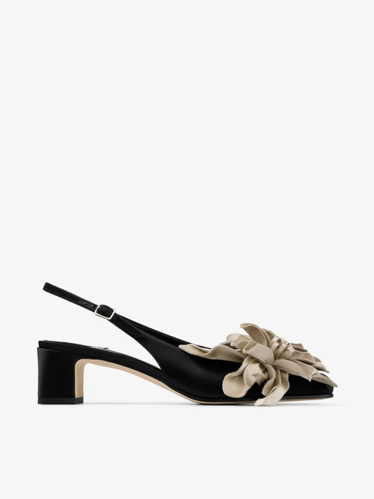 Jimmy Choo Eyla Sling Back 45 Black and Bone Satin Slingbacks with Floral Accent