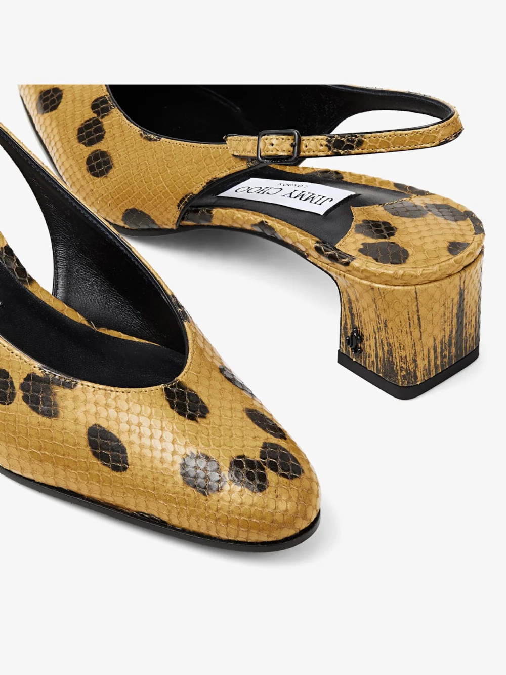 Back view of the Jimmy Choo Eyla Sling Back 45 Cigar and Black Spotty Elaphe Printed Leather Slingbacks