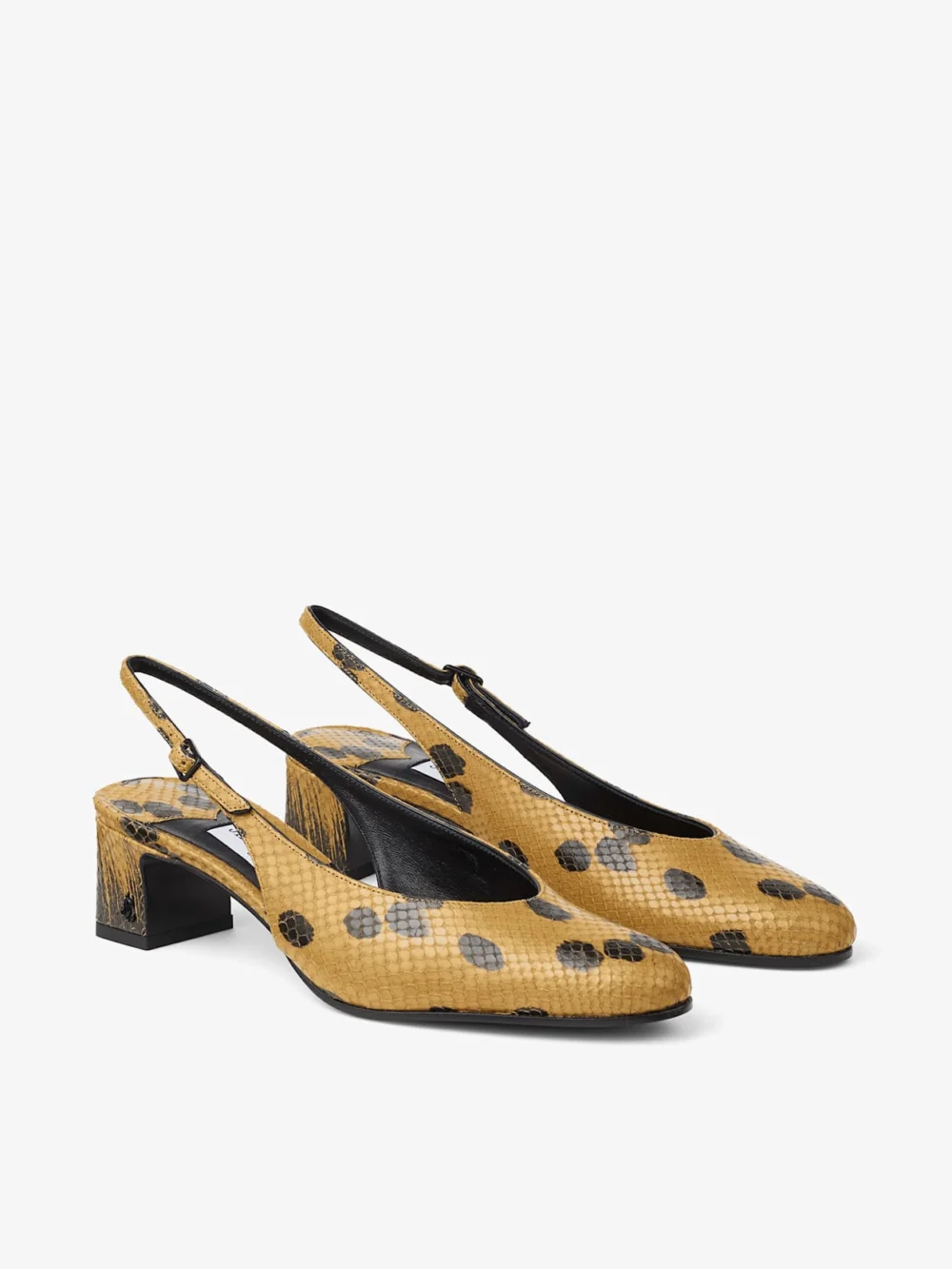 Close-up detail of the Jimmy Choo Eyla Sling Back 45 Cigar and Black Spotty Elaphe Printed Leather Slingbacks