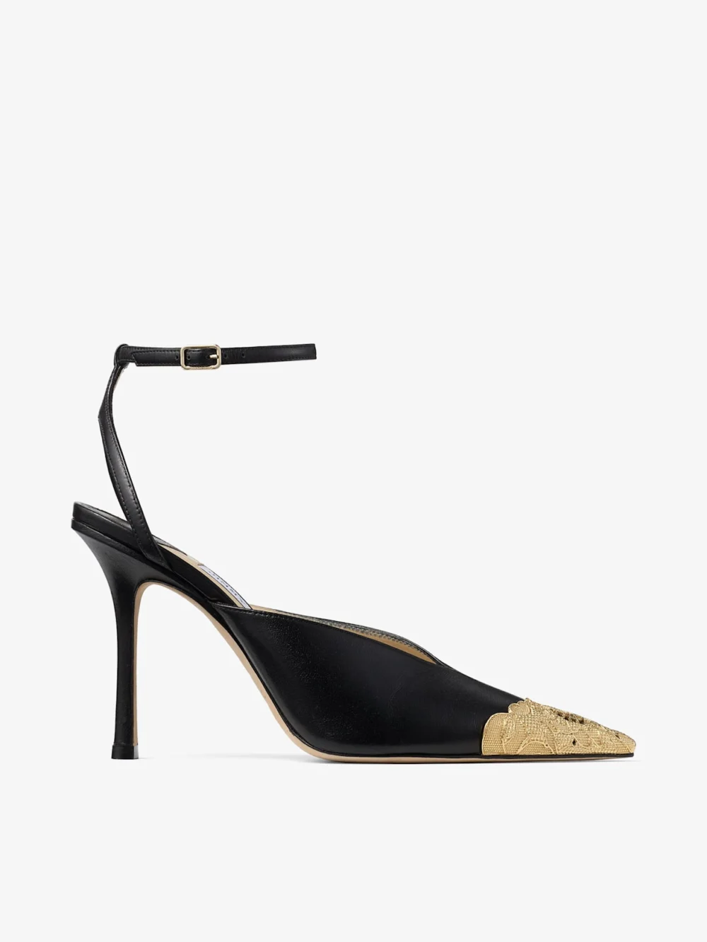 Jimmy Choo Faiz 100 Black and Vintage Gold Leather Pumps with Metal Lace Detail in black