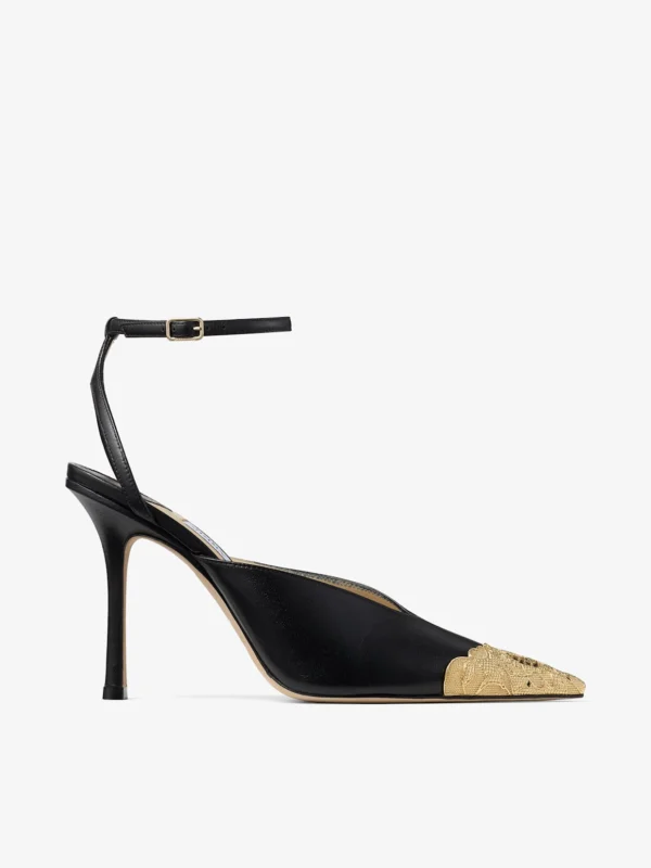 Jimmy Choo Faiz 100 Black and Vintage Gold Leather Pumps with Metal Lace Detail