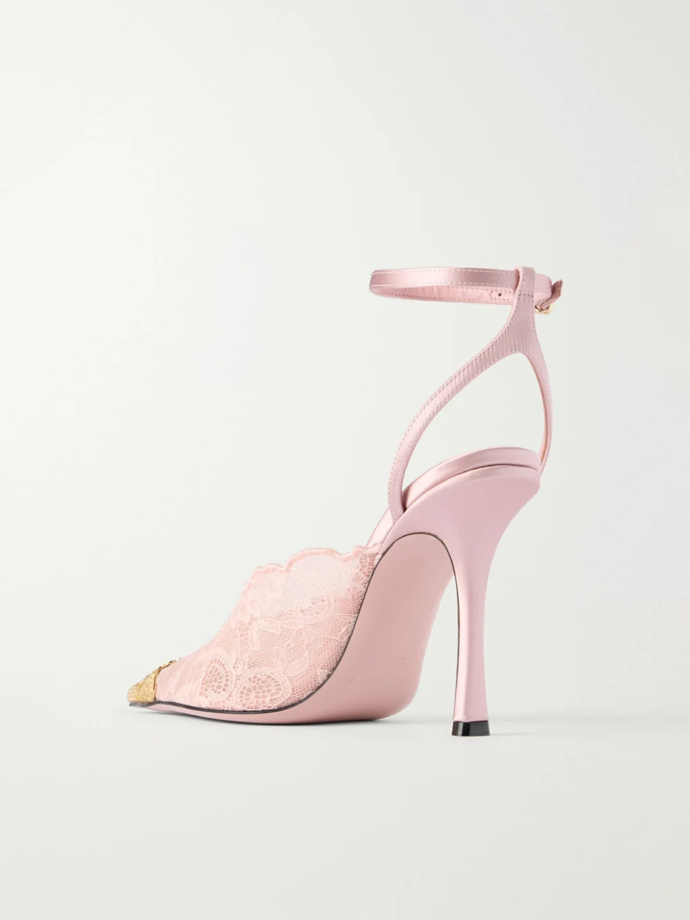 Back view of the Jimmy Choo Faiz 100 Embellished Satin-trimmed Lace Pumps