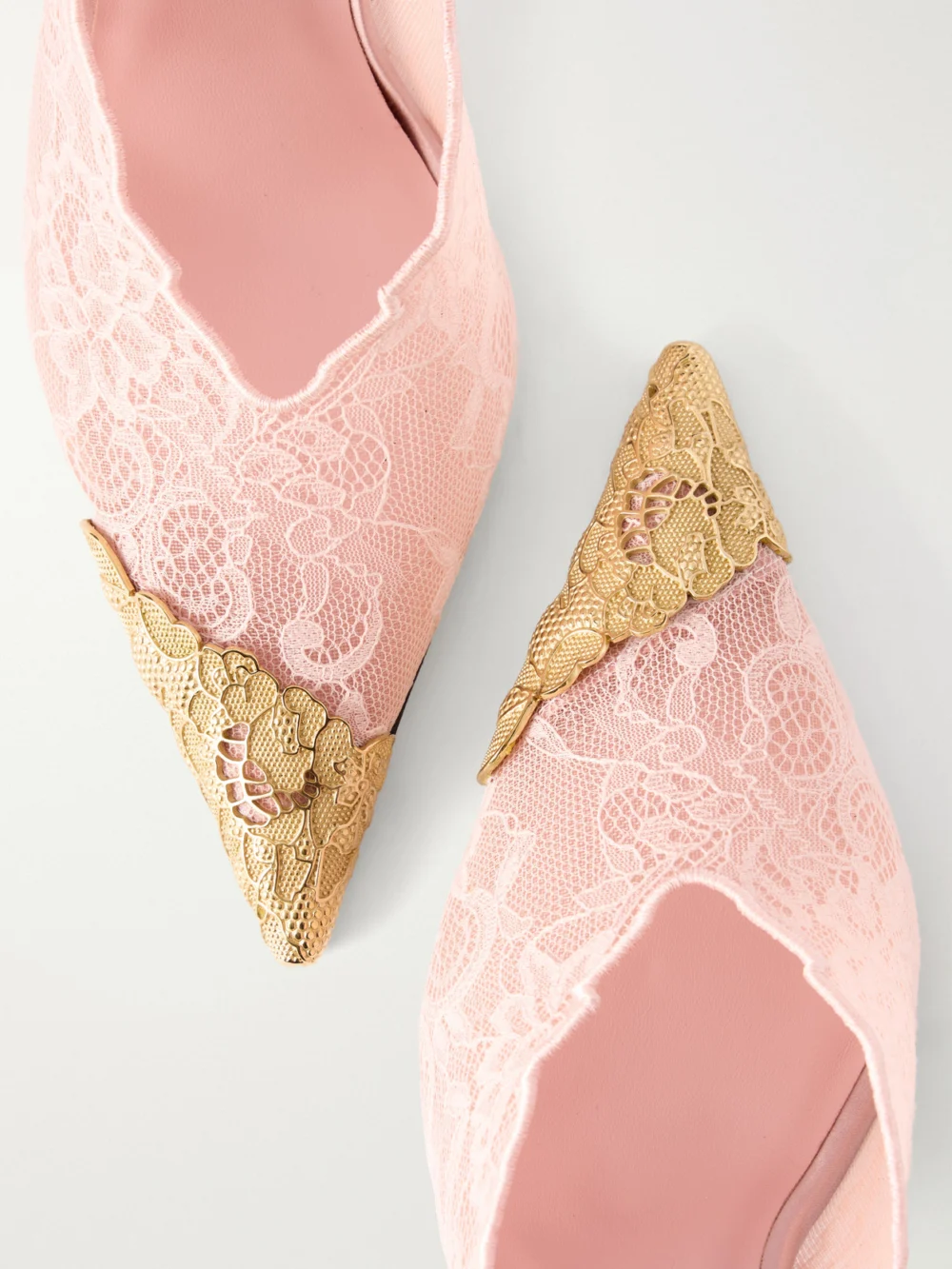Close-up detail of the Jimmy Choo Faiz 100 Embellished Satin-trimmed Lace Pumps