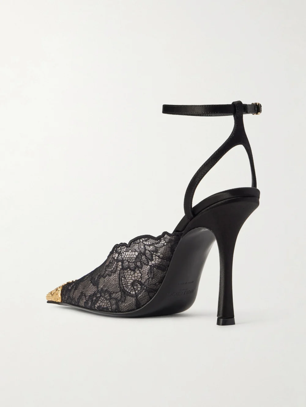 Back view of the Jimmy Choo Faiz 100 Embellished Satin-trimmed Lace Pumps