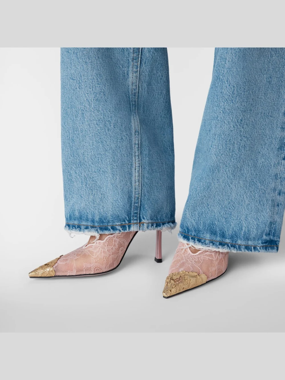 Back view of the Jimmy Choo Faiz 100 Rose Jimmy Choo Lace Pumps with Metal Lace Detail