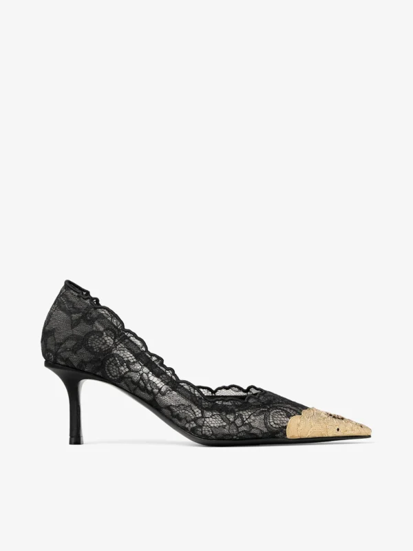 Jimmy Choo Faiz Pump 65 Black and Vintage Gold Jimmy Choo Lace Pumps with Metal Lace Detail
