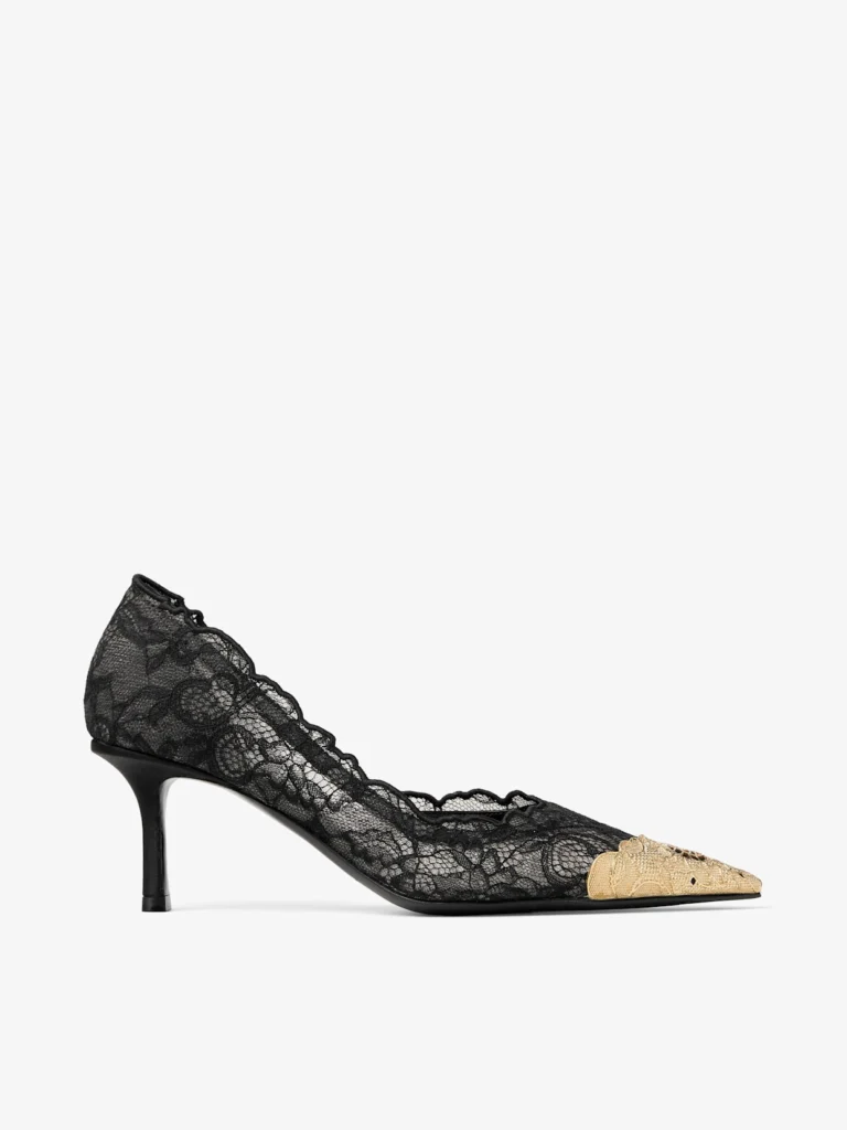 Jimmy Choo Faiz Pump 65 Black and Vintage Gold Jimmy Choo Lace Pumps with Metal Lace Detail