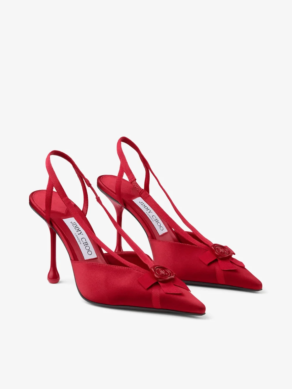 Close-up detail of the Jimmy Choo Faya 95 Ruby Red Satin and Grosgrain Slingbacks