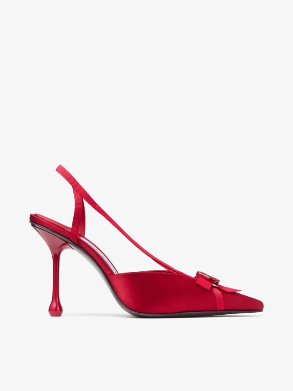 Jimmy Choo Faya 95 Ruby Red Satin and Grosgrain Slingbacks