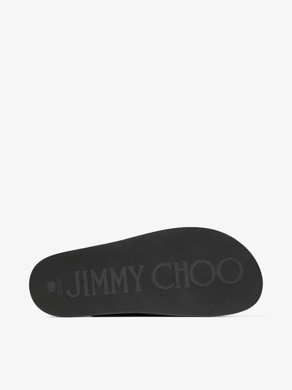 Back view of the Jimmy Choo Fayence Sandal Black Leather Flat Sandals with Pearl Embellishment
