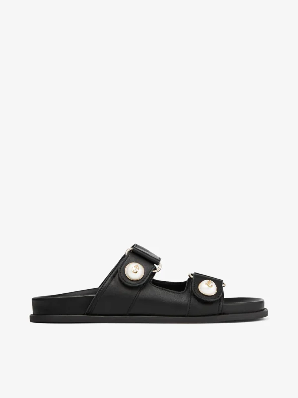 Jimmy Choo Fayence Sandal Black Leather Flat Sandals with Pearl Embellishment