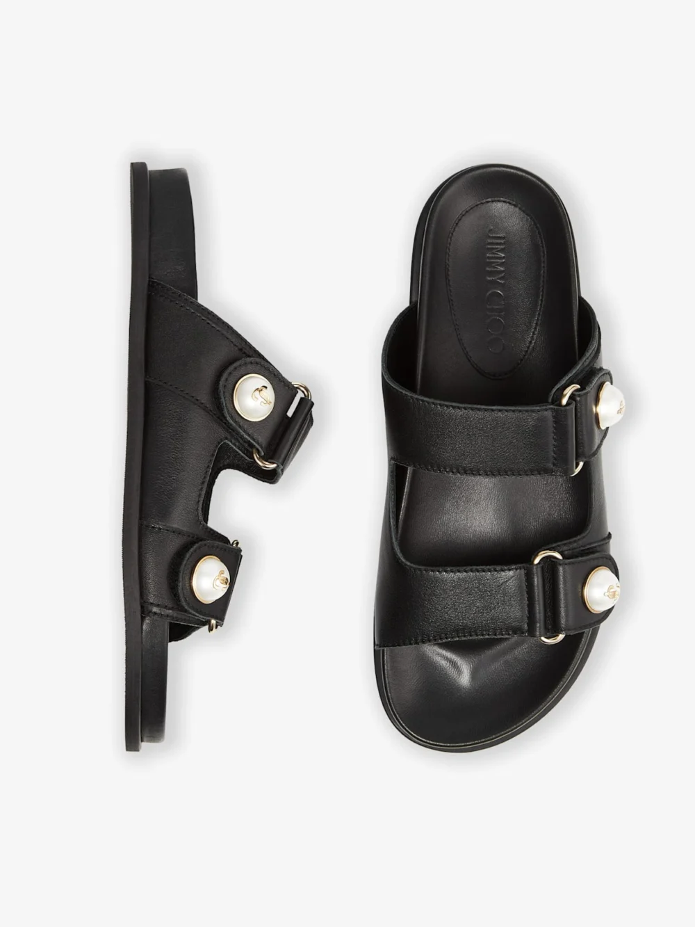 Jimmy Choo Fayence Sandal Black Leather Flat Sandals with Pearl Embellishment, another view