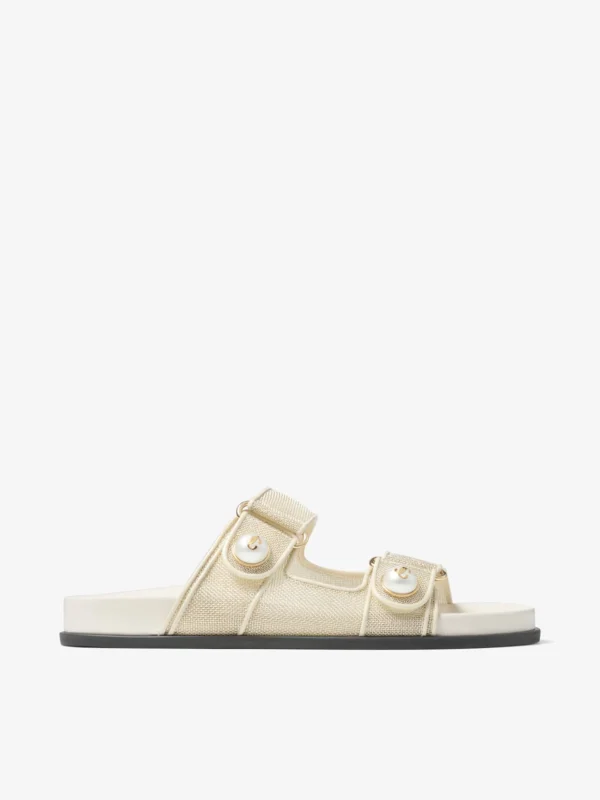 Jimmy Choo Fayence Sandal Champagne Metallic Patent Leather Sandals with Pearls