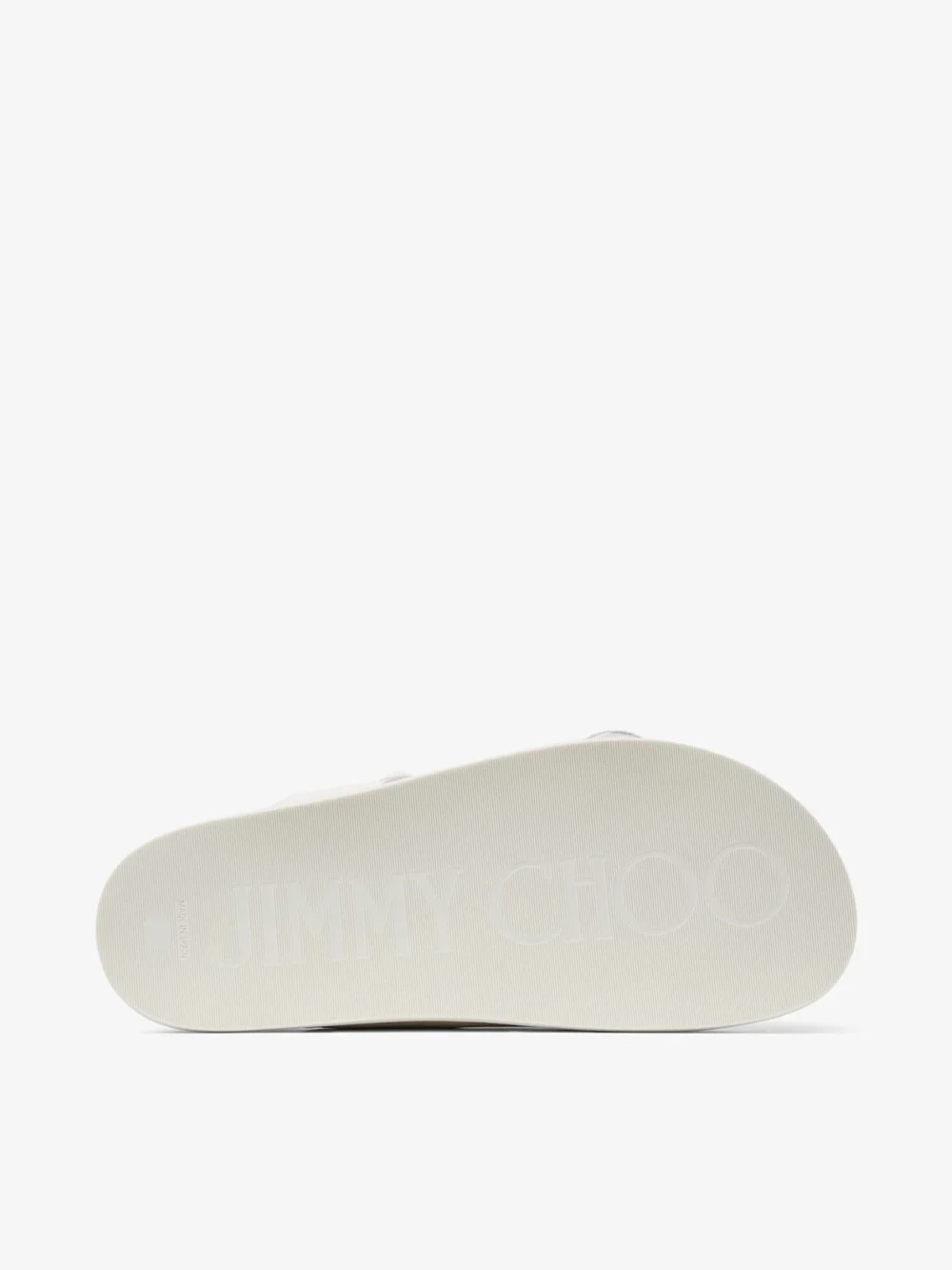 Back view of the Jimmy Choo Fayence Sandal Latte Leather Flat Sandals with Pearl Embellishment