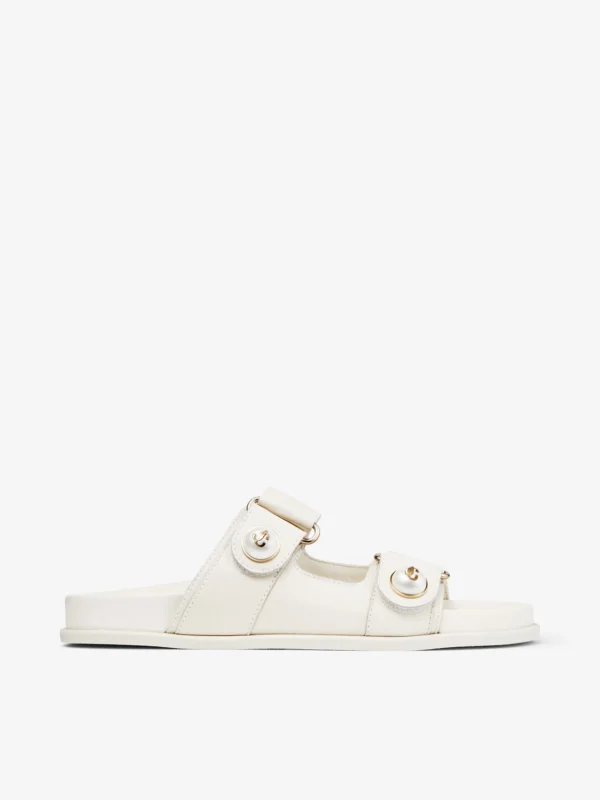 Jimmy Choo Fayence Sandal Latte Leather Flat Sandals with Pearl Embellishment