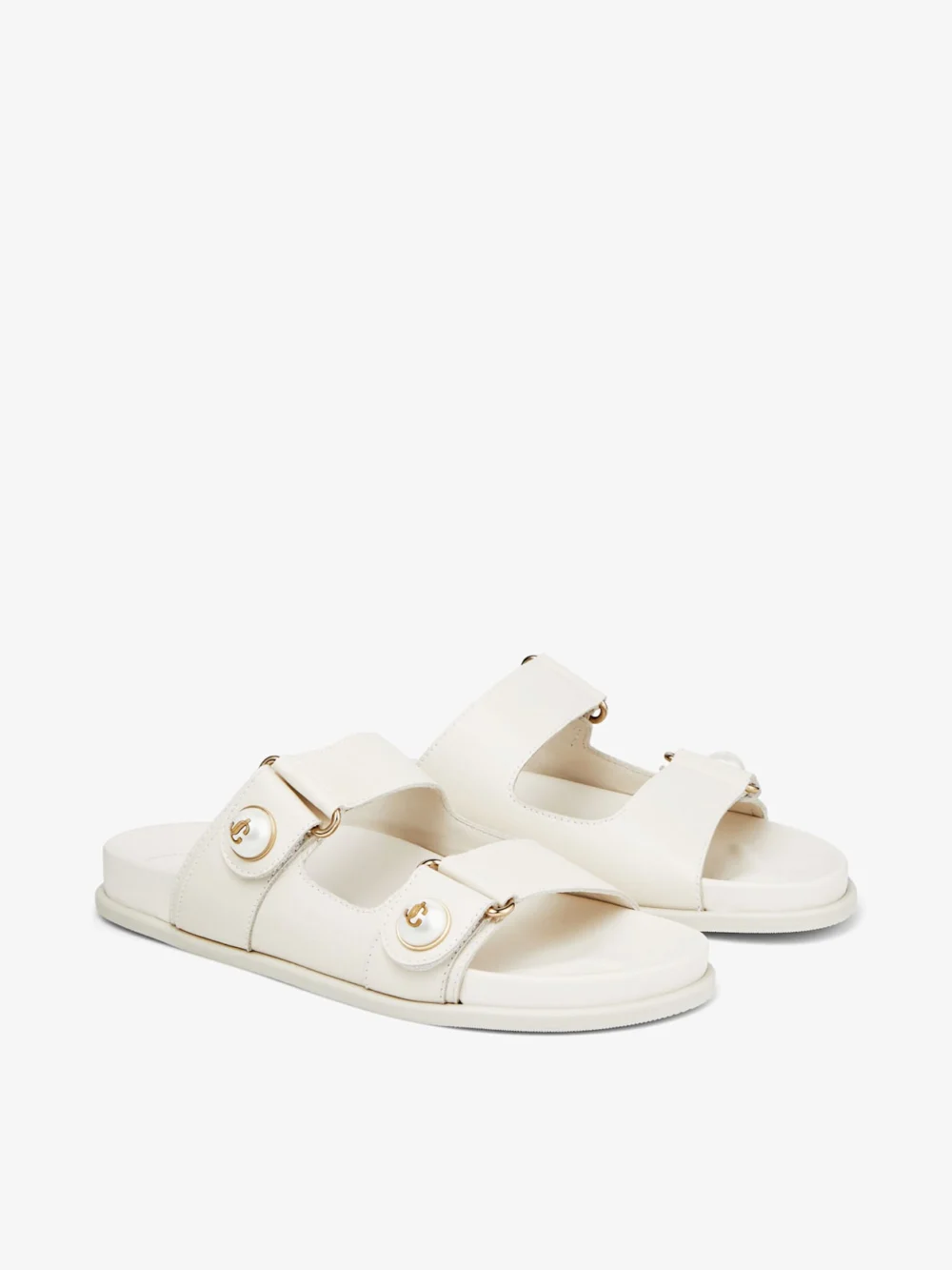 Side view of the Jimmy Choo Fayence Sandal Latte Leather Flat Sandals with Pearl Embellishment