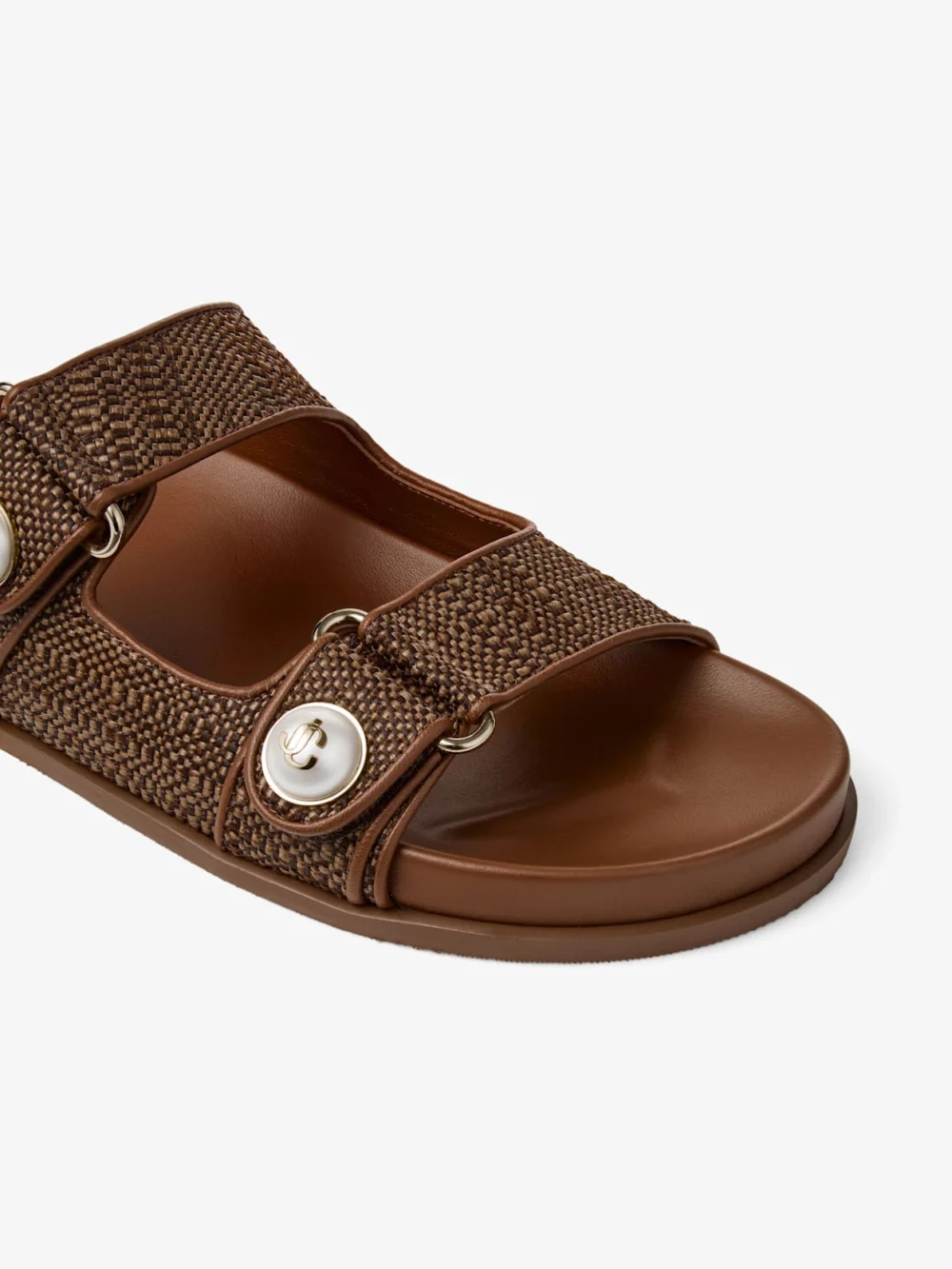 Back view of the Jimmy Choo Fayence Sandal Tan Fine Raffia Sandals with Pearl Embellishment