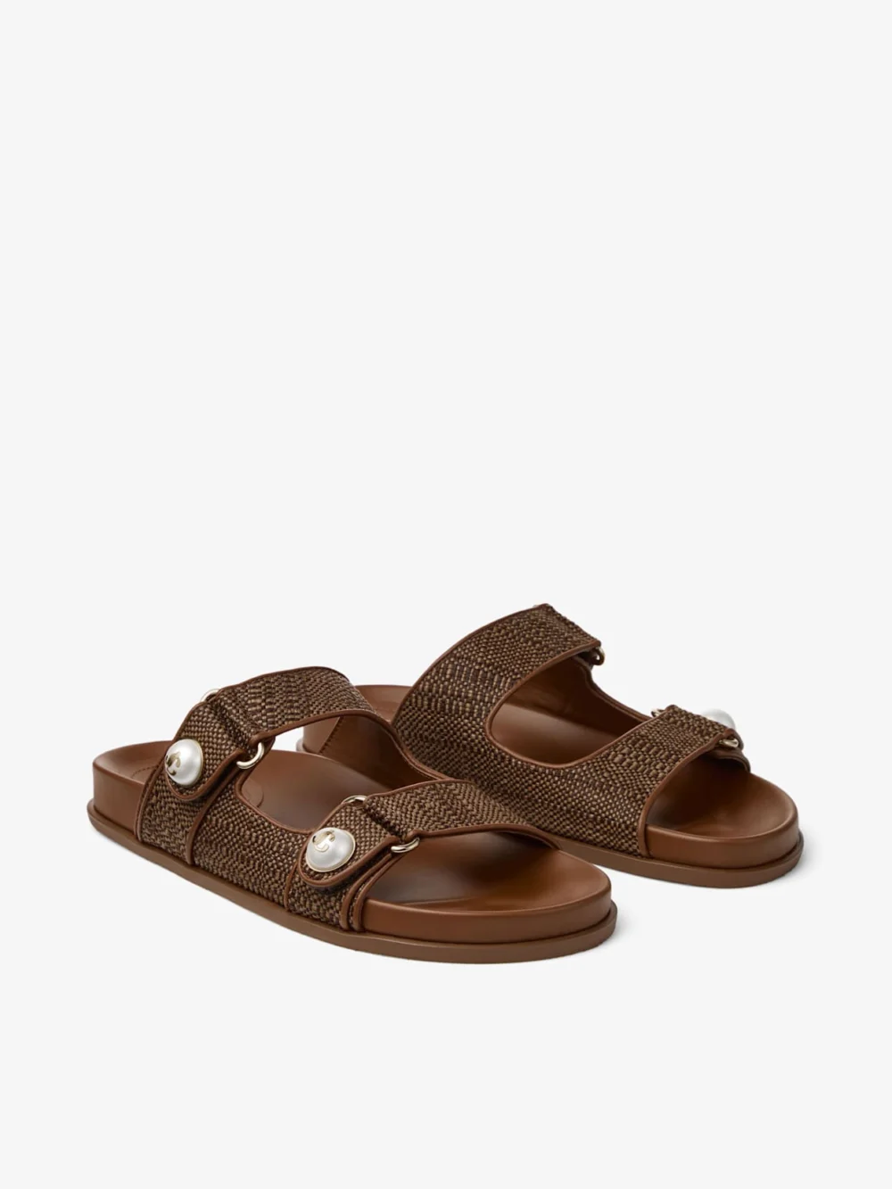 Close-up detail of the Jimmy Choo Fayence Sandal Tan Fine Raffia Sandals with Pearl Embellishment