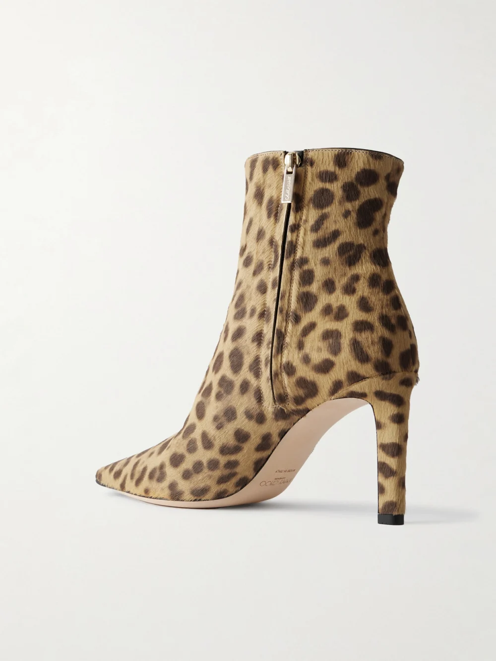 Back view of the Jimmy Choo Frankie 85 Leopard-print Pony Hair Ankle Boots