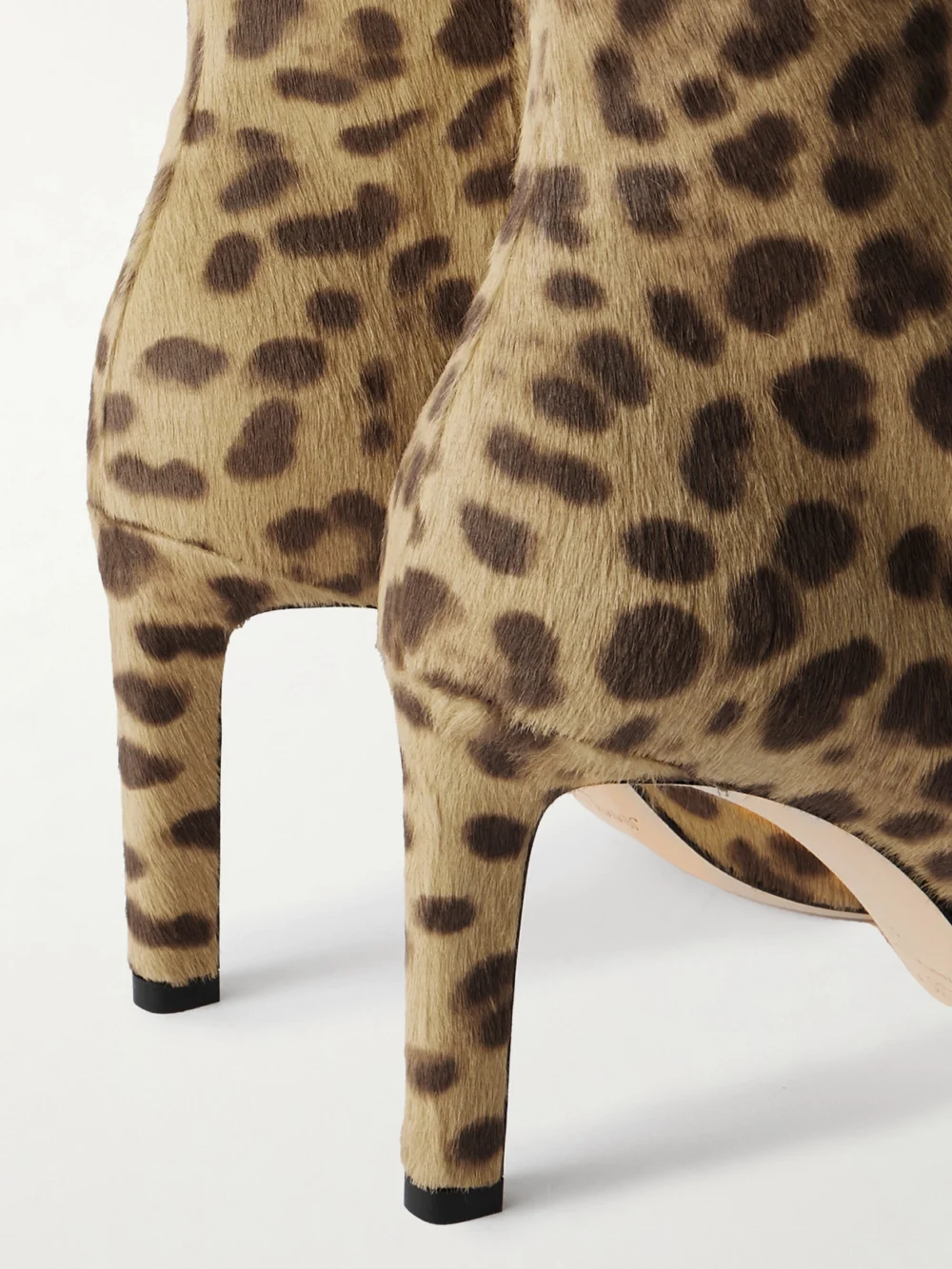 Close-up detail of the Jimmy Choo Frankie 85 Leopard-print Pony Hair Ankle Boots