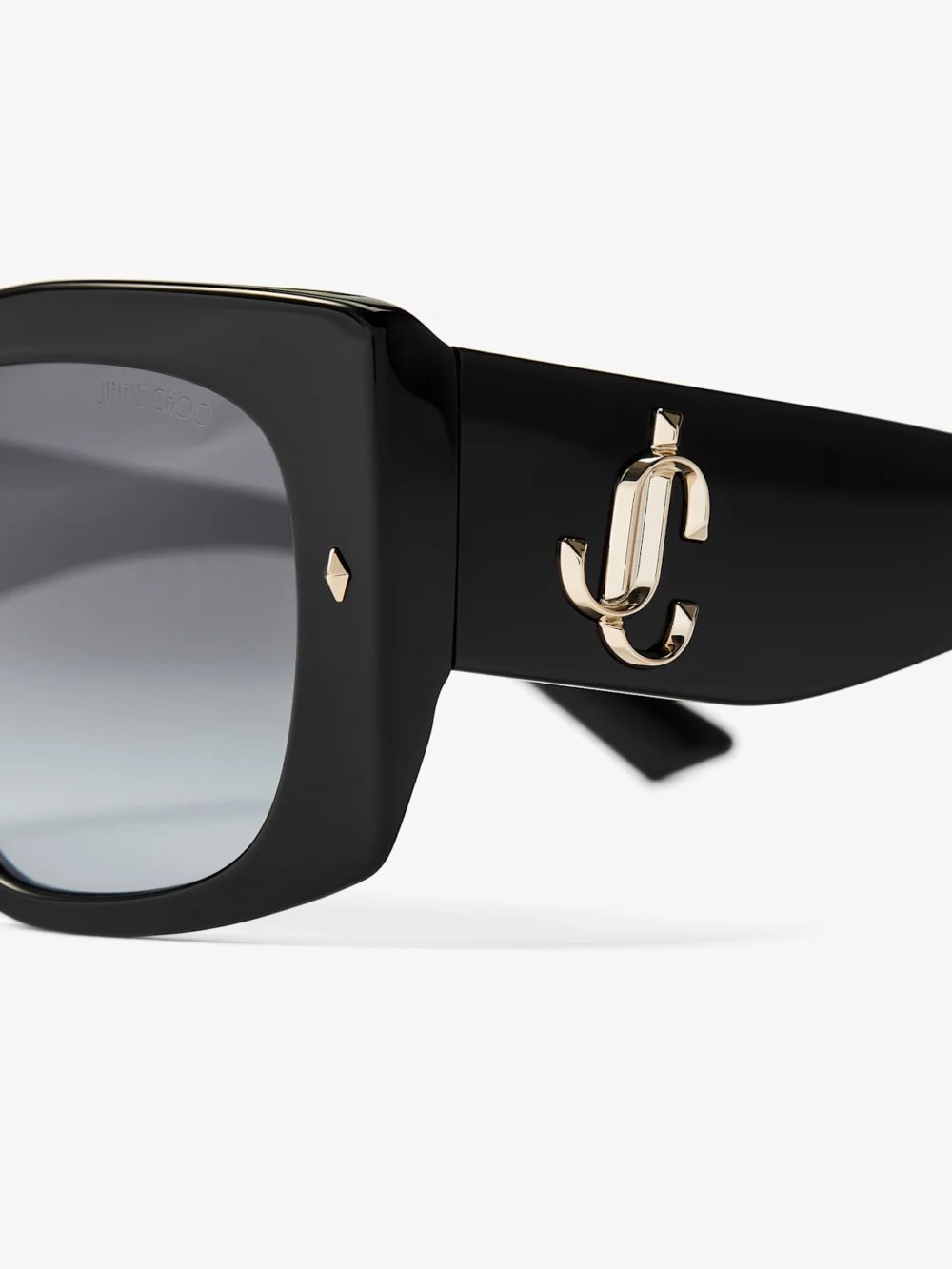 Close-up detail of the Jimmy Choo Gabi Black and Gradient Grey Acetate Butterfly Sunglasses