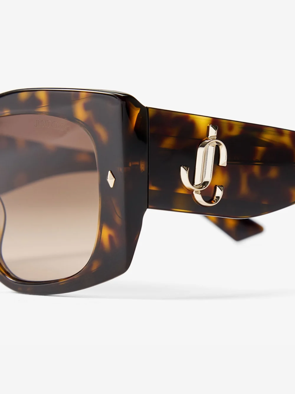 Close-up detail of the Jimmy Choo Gabi Havana and Gradient Brown Acetate Butterfly Sunglasses