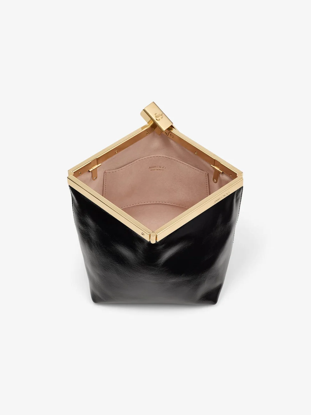 Close-up detail of the Jimmy Choo Ganache Black Biker Leather Clutch Bag