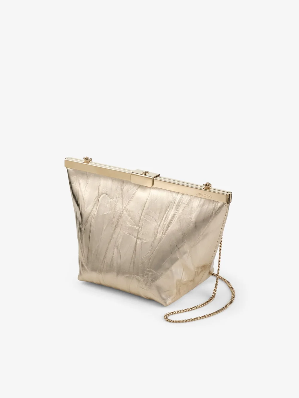 Back view of the Jimmy Choo Ganache Light Platinum Vintage Metallic Leather Clutch Bag