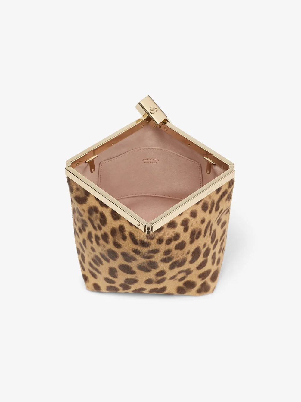 Close-up detail of the Jimmy Choo Ganache Natural Leopard Print Pony Clutch Bag