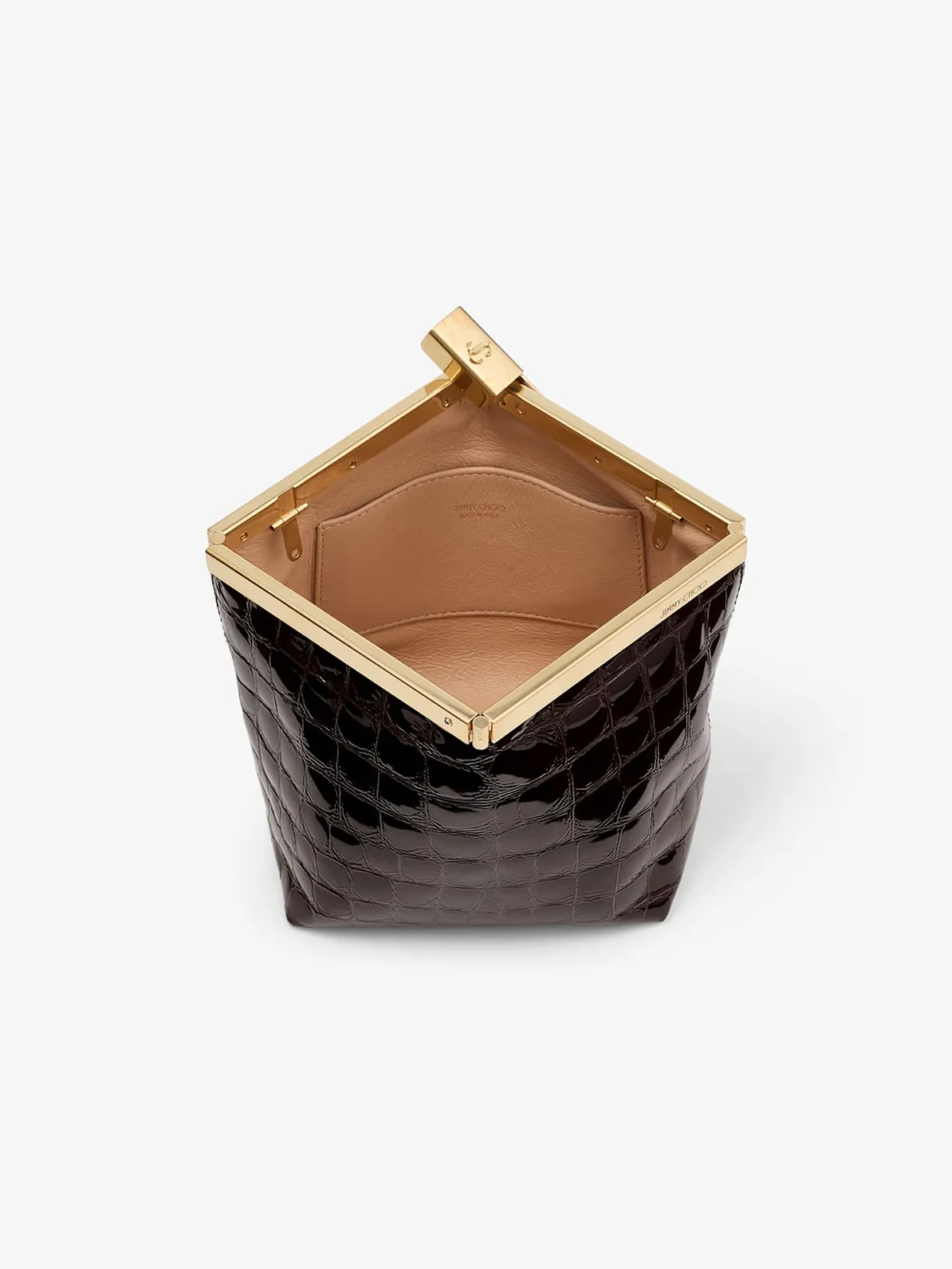 Close-up detail of the Jimmy Choo Ganache Sambuco Shiny Croc Embossed Leather Clutch Bag