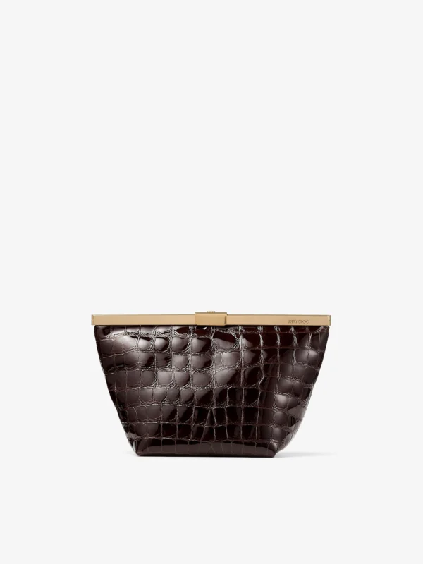 Jimmy Choo Ganache Sambuco Shiny Croc Embossed Leather Clutch Bag