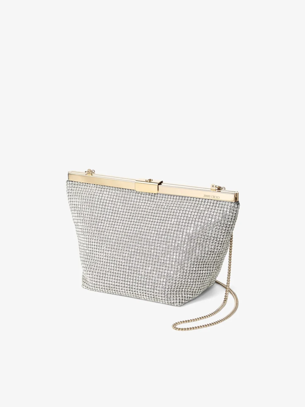 Close-up detail of the Jimmy Choo Ganache Siver Crystal Mesh Clutch Bag