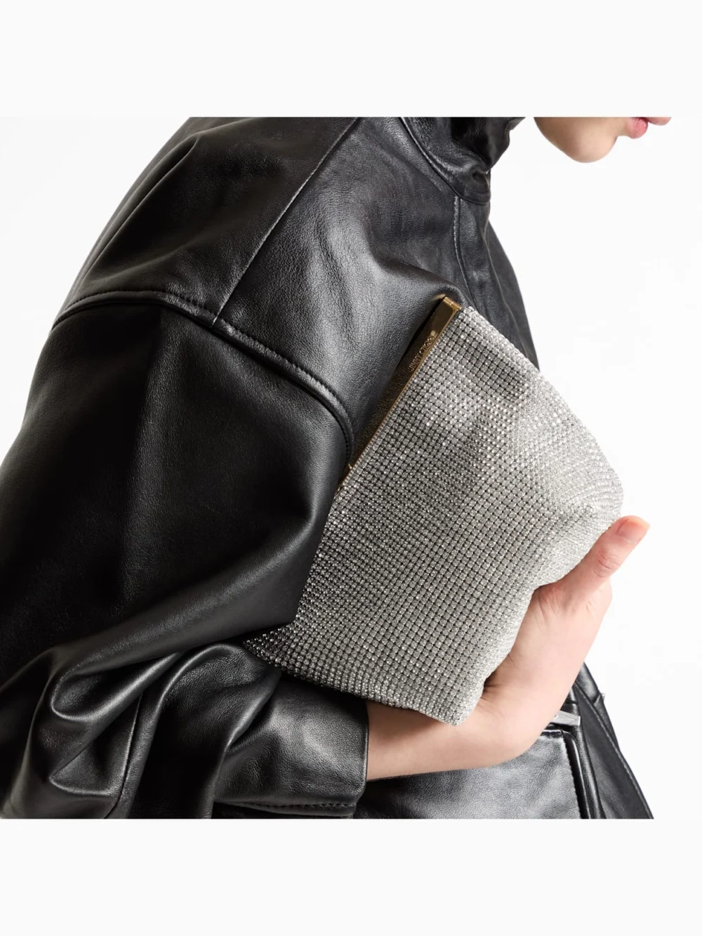 Side view of the Jimmy Choo Ganache Siver Crystal Mesh Clutch Bag