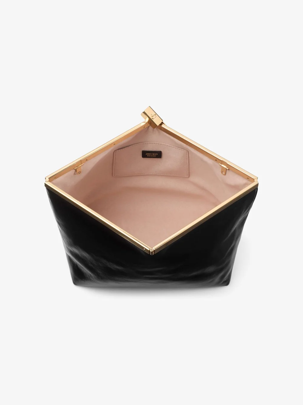 Back view of the Jimmy Choo Garnache Clutch Black and Gold Soft Shiny Biker Leather Clutch Bag