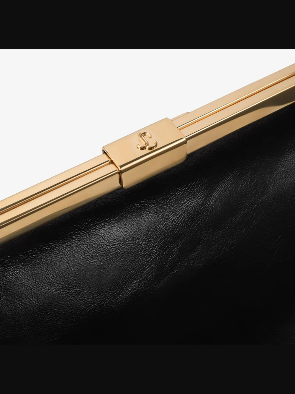 Close-up detail of the Jimmy Choo Garnache Clutch Black and Gold Soft Shiny Biker Leather Clutch Bag
