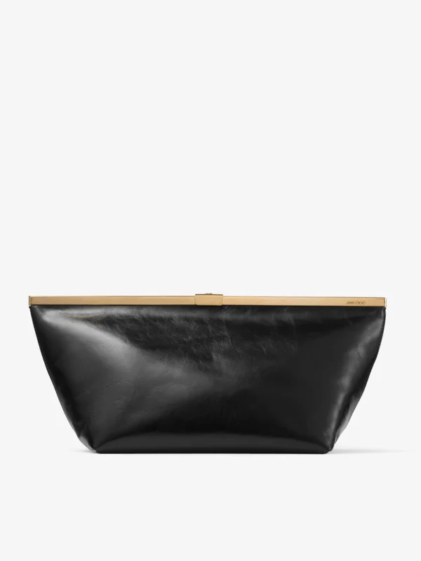 Jimmy Choo Garnache Clutch Black and Gold Soft Shiny Biker Leather Clutch Bag