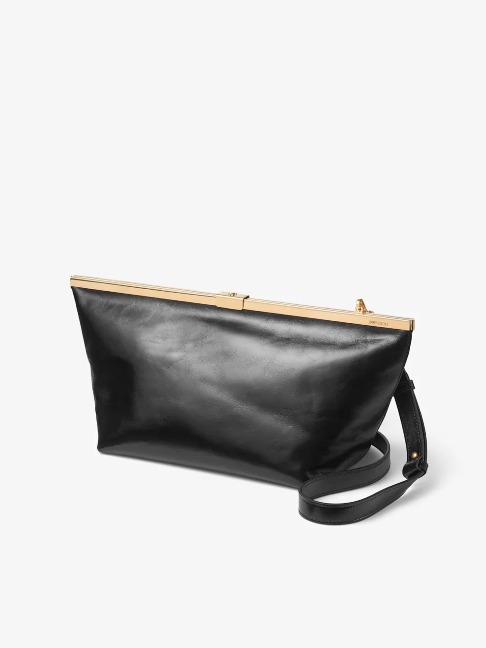 Side view of the Jimmy Choo Garnache Clutch Black and Gold Soft Shiny Biker Leather Clutch Bag