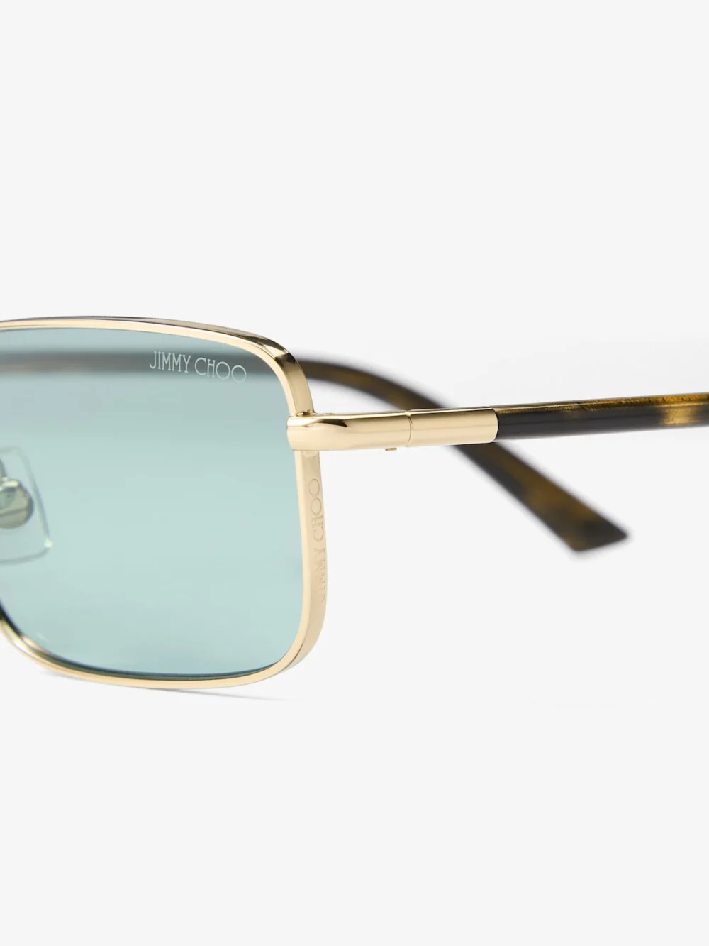 Close-up detail of the Jimmy Choo Gavin Pale Gold and Green Metal Rectangular Sunglasses
