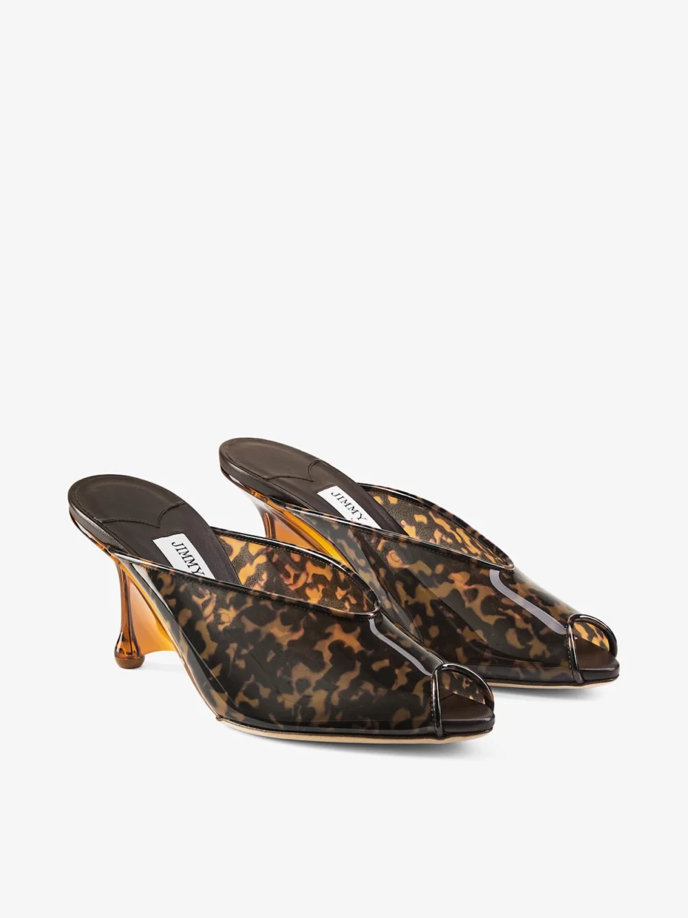 Back view of the Jimmy Choo Glace Mule 80 Amber and Brown Mix Tortoiseshell Tpu Sandals with Plexy Wedge