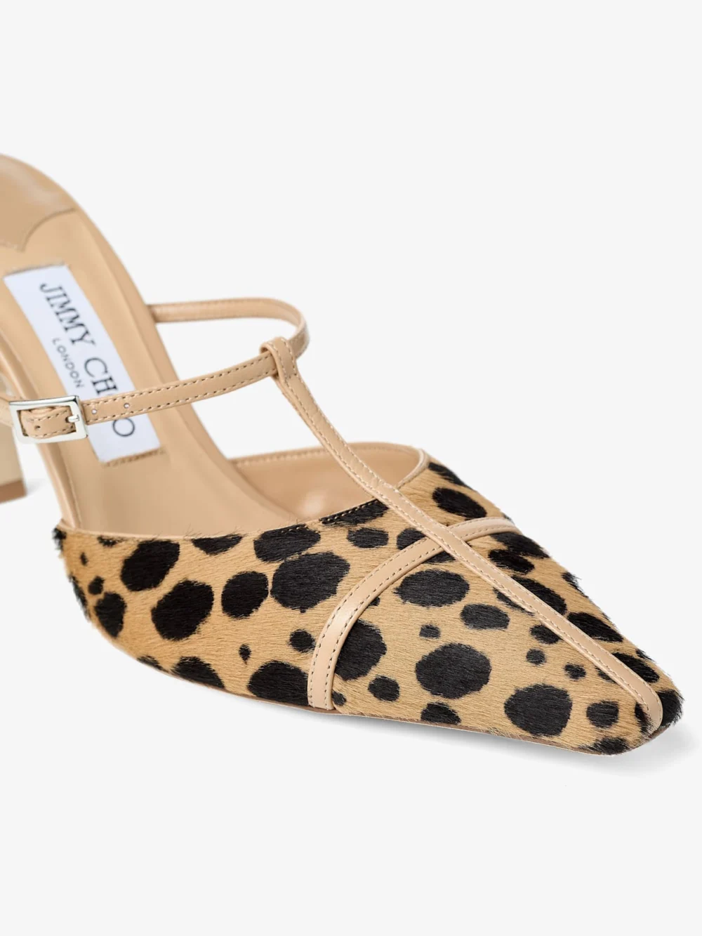 Close-up detail of the Jimmy Choo Gloria Mule 85 Natural Cheetah Print Pony Leather Mules