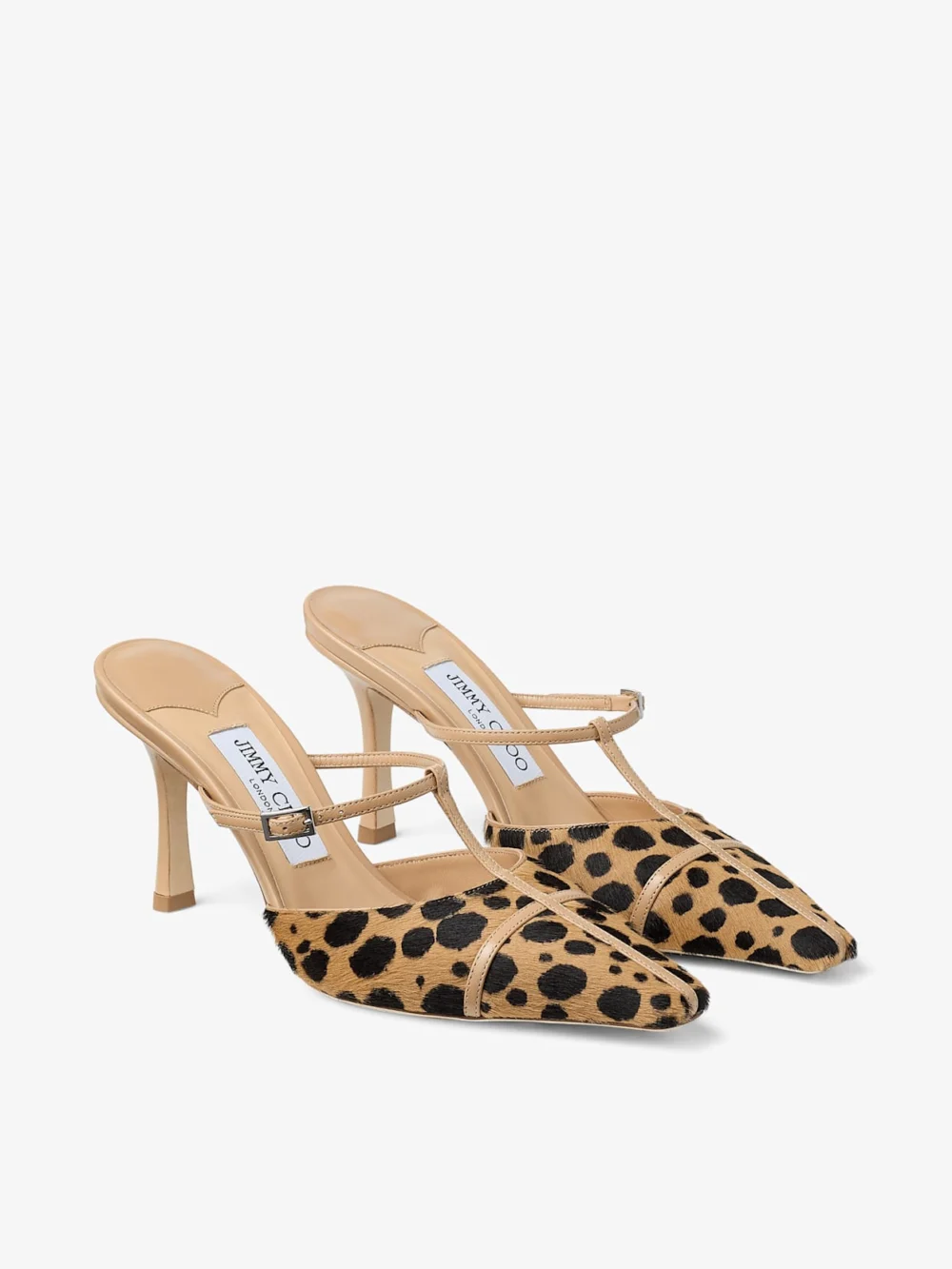 Side view of the Jimmy Choo Gloria Mule 85 Natural Cheetah Print Pony Leather Mules