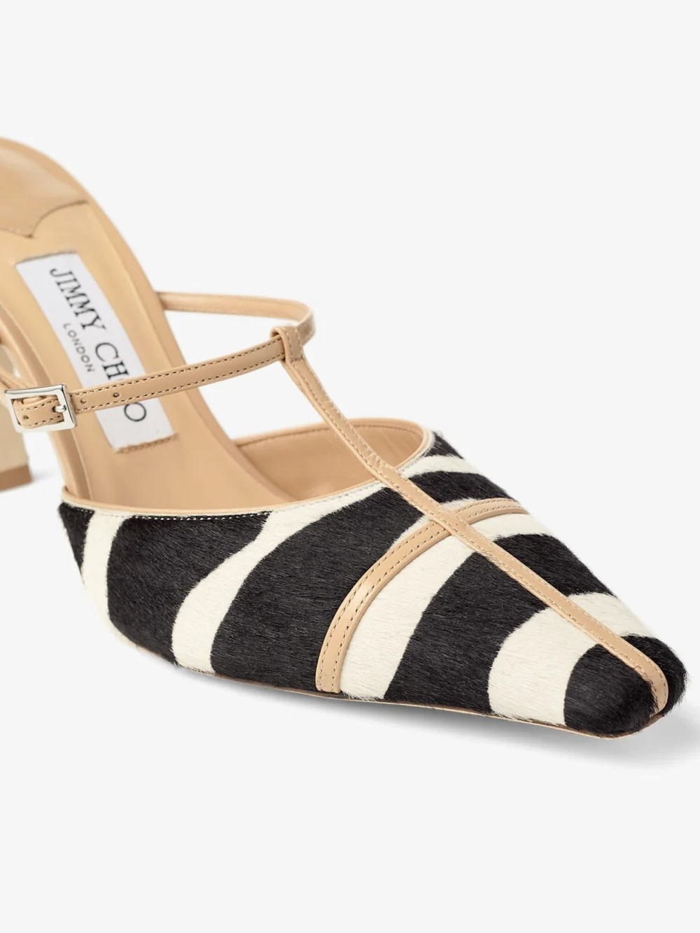 Close-up detail of the Jimmy Choo Gloria Mule 85 Natural Zebra Print Pony Leather Mules
