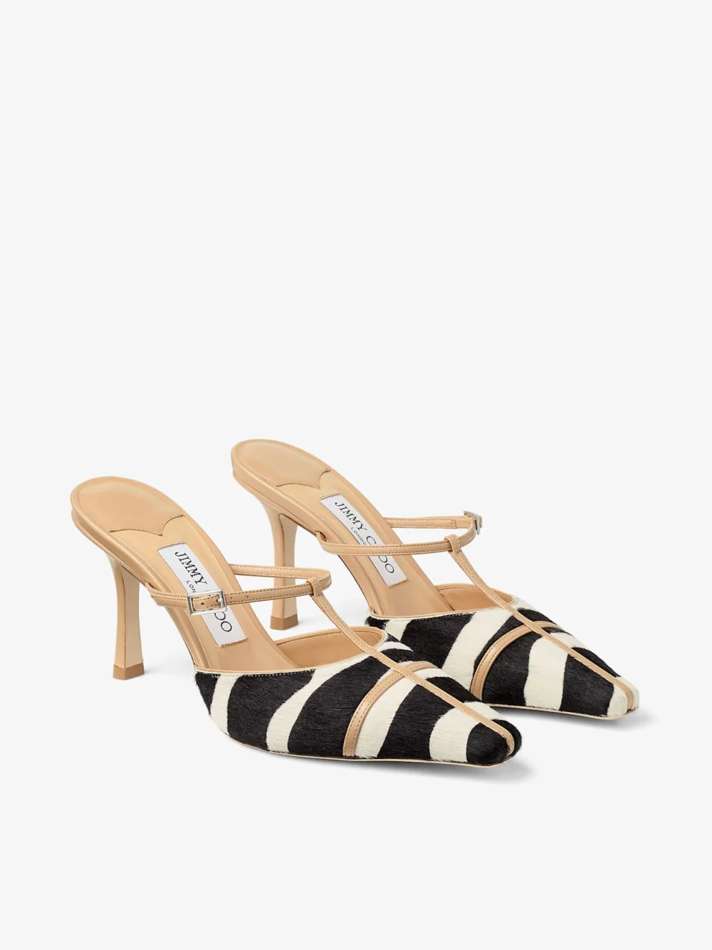 Side view of the Jimmy Choo Gloria Mule 85 Natural Zebra Print Pony Leather Mules
