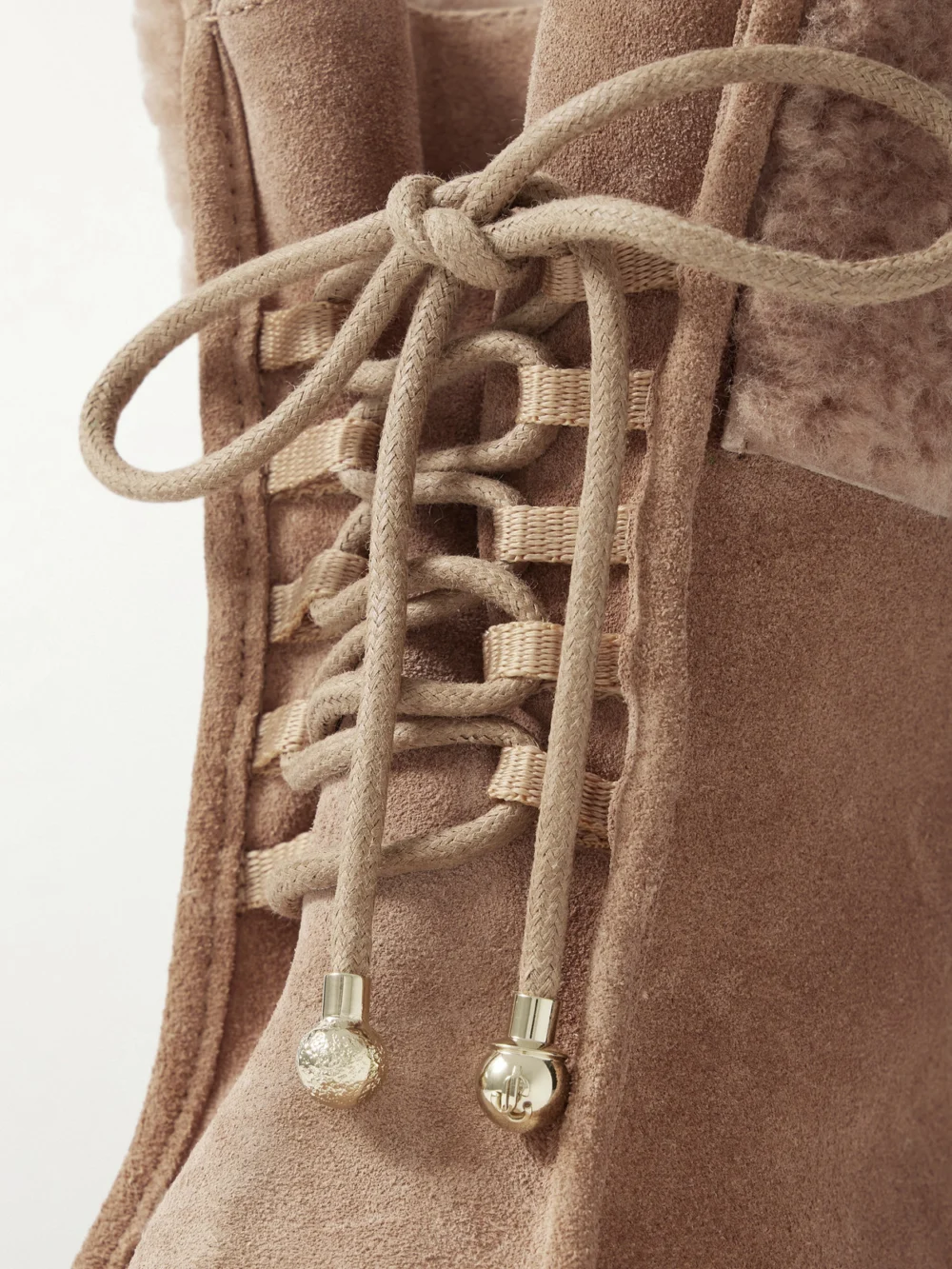 Close-up detail of the Jimmy Choo Hali 60 Shearling-trimmed Suede Ankle Boots