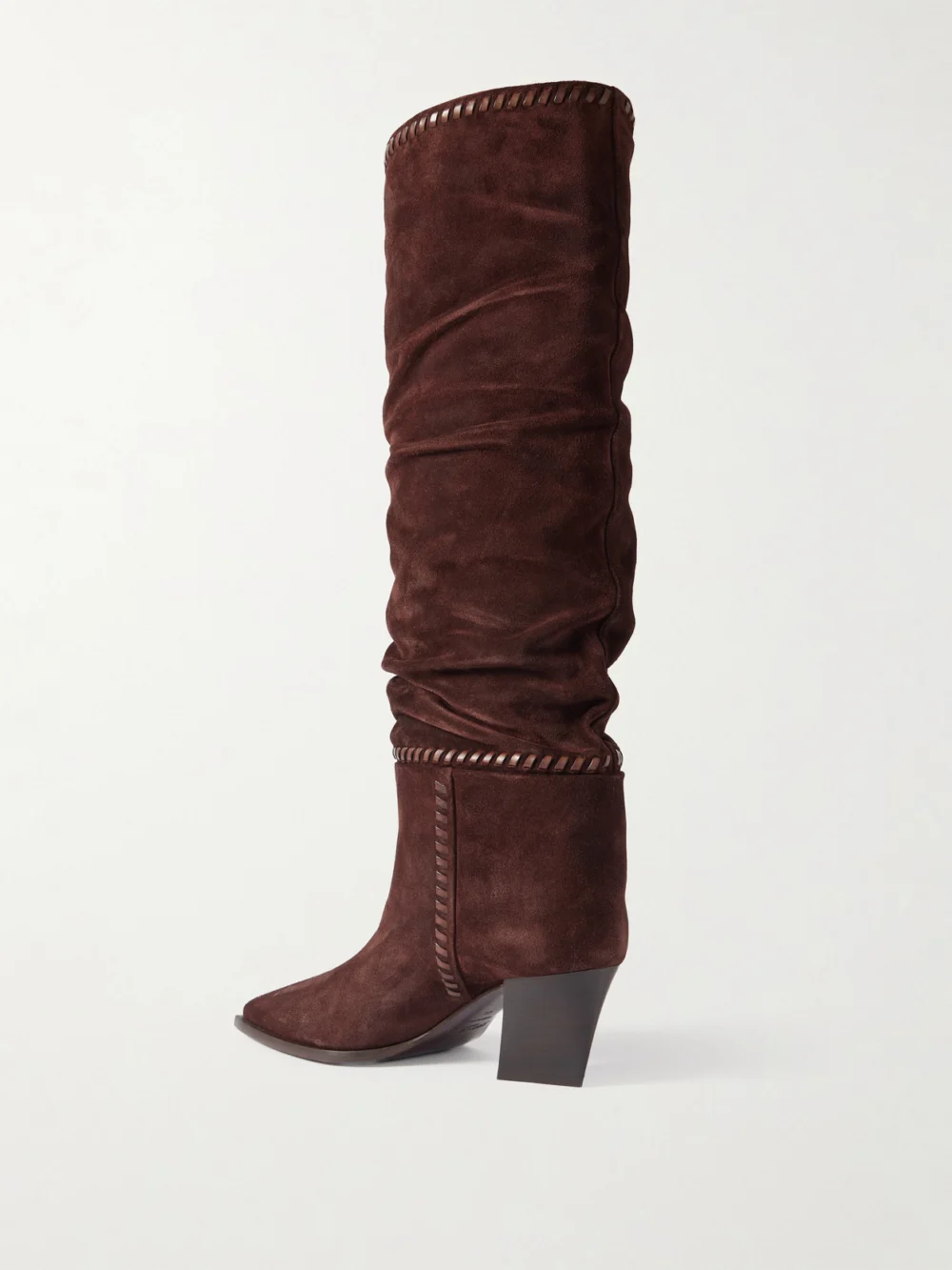 Back view of the Jimmy Choo Hart 60 Whipstitched Leather-trimmed Suede Knee Boots