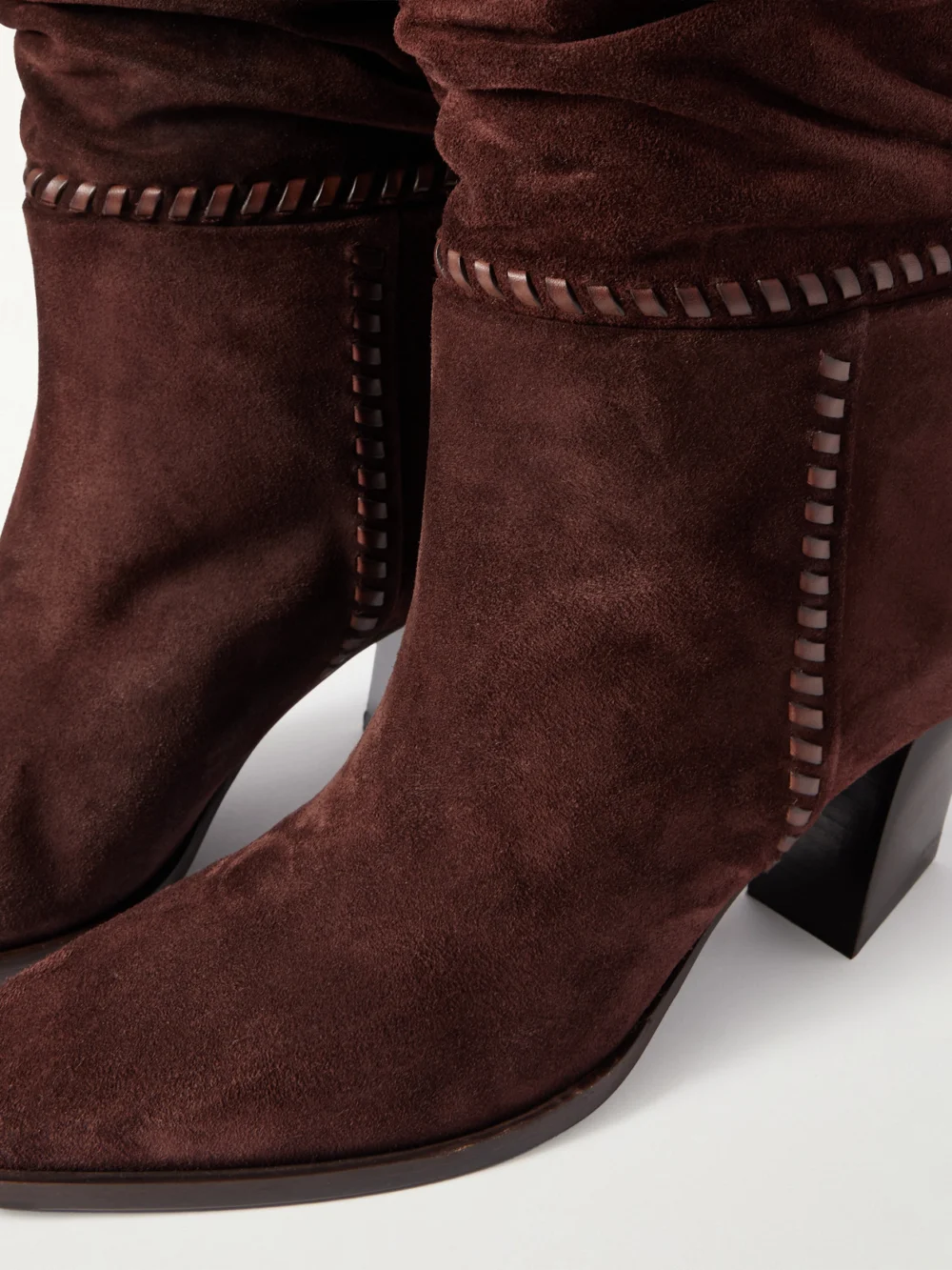Close-up detail of the Jimmy Choo Hart 60 Whipstitched Leather-trimmed Suede Knee Boots